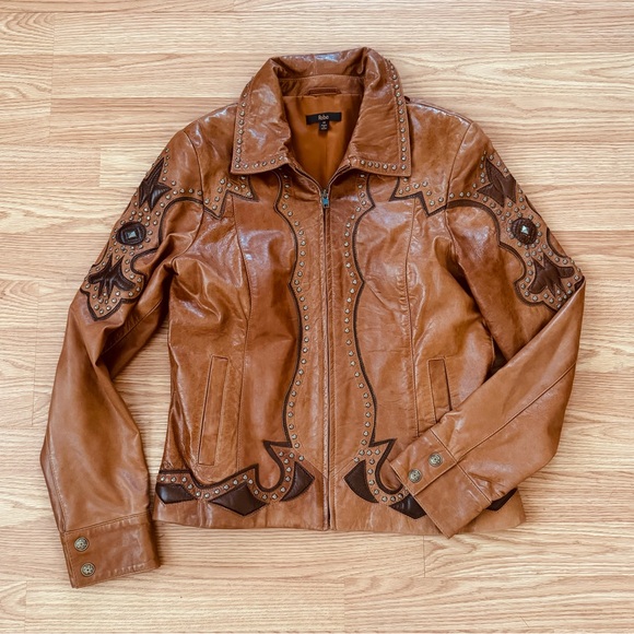 Vintage Reba studded brown embellished western grunge cowgirl leather jacket M - Picture 2 of 12